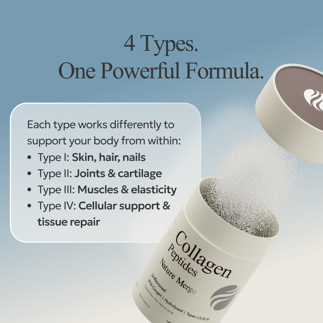 Collagen peptides packaging with text on a blue background