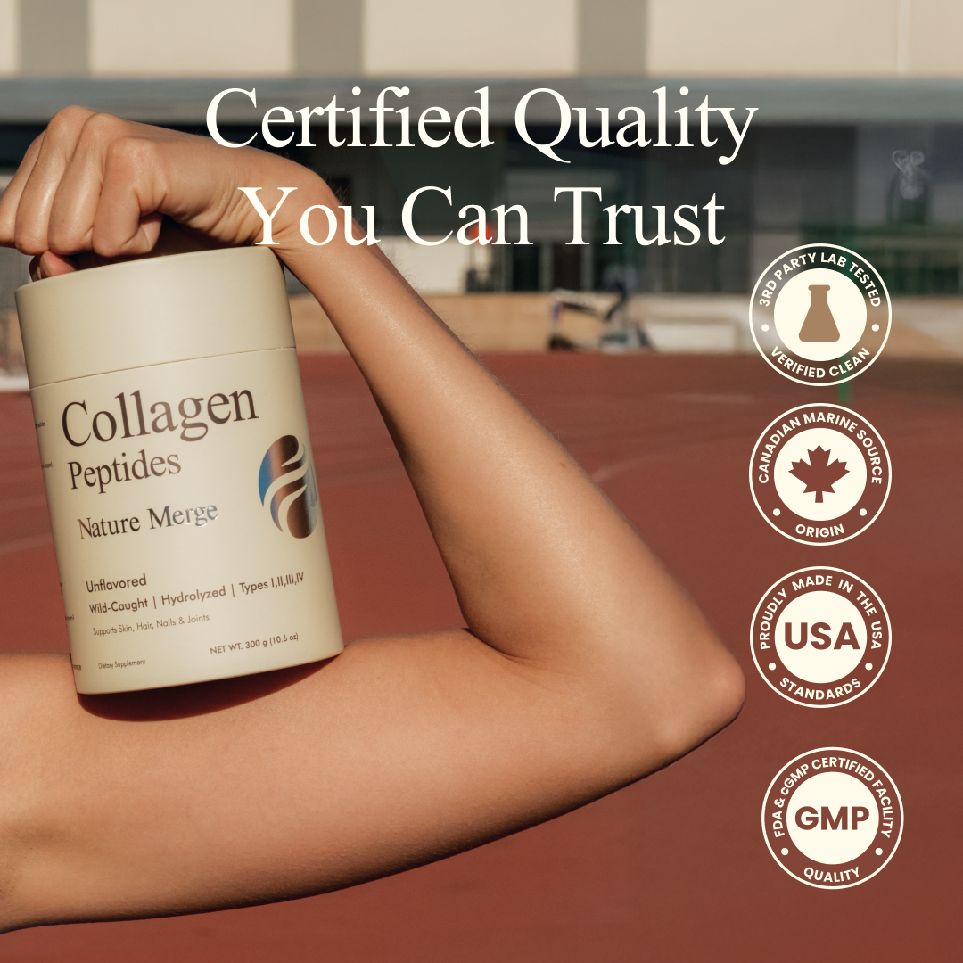 Person holding a container of 'Collagen Peptides' by Nature Merge with certification logos on a blurred background.