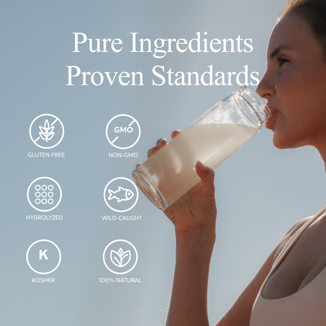 Woman drinking a glass of milk with purity certification icons and text on a light blue background