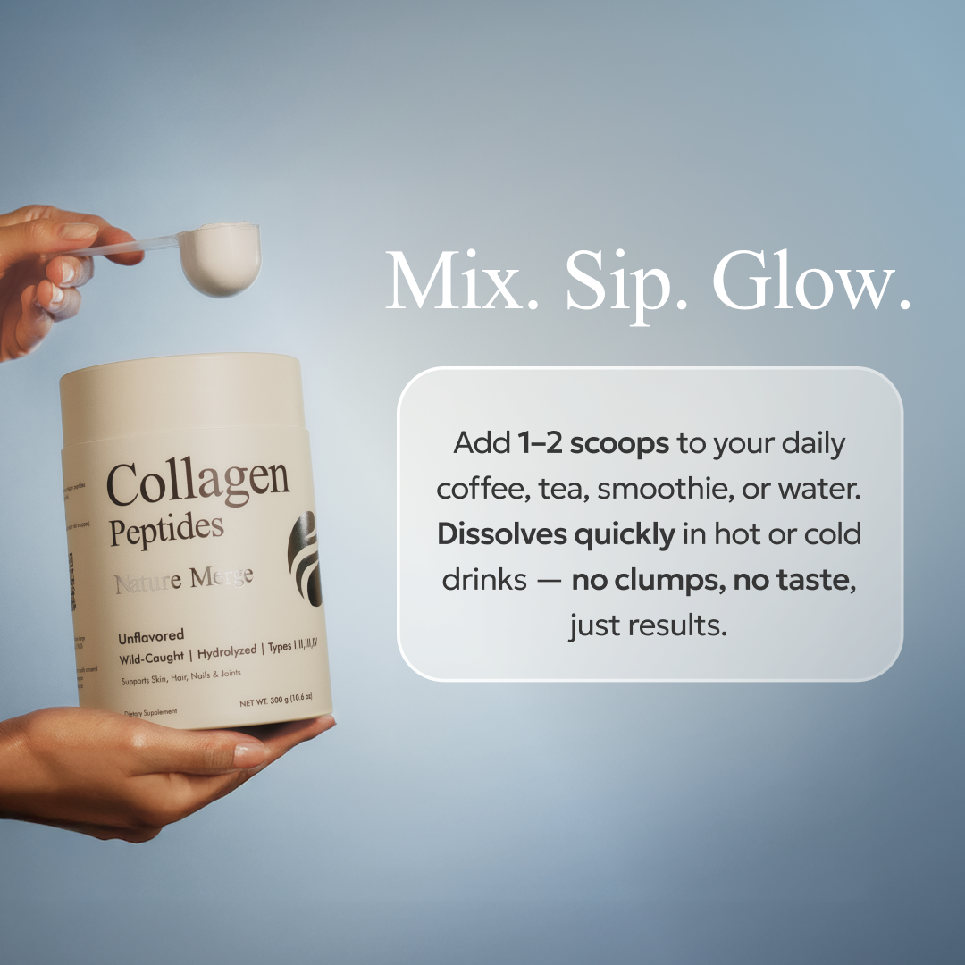 Collagen peptides container with a spoon and text on a blue background
