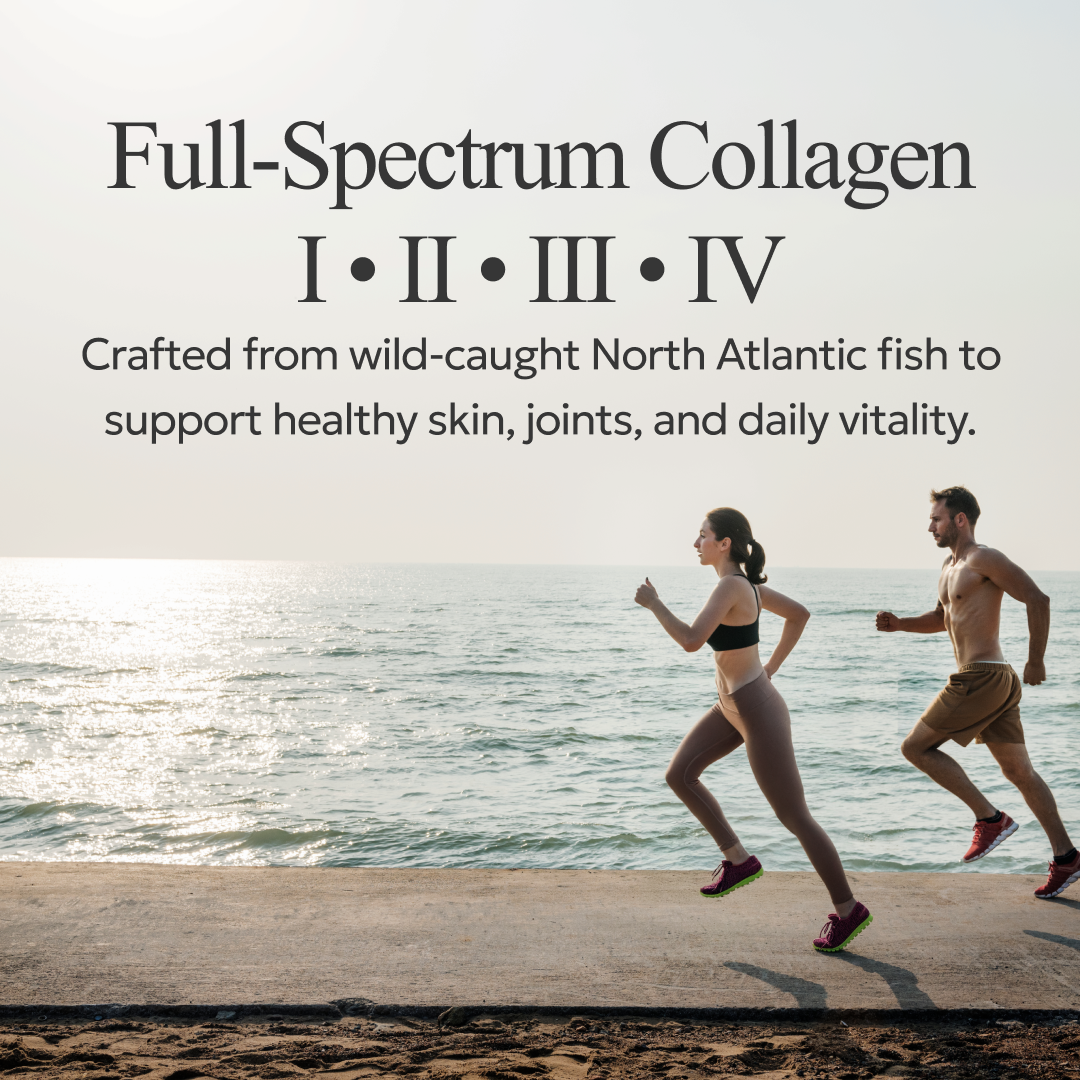 Two people running on a beach with text about full-spectrum collagen.