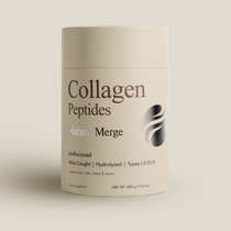 Nature Merge Marine Collagen Peptides 300g paper tube — unflavored, hydrolyzed collagen powder from wild-caught North Atlantic fish, containing Types I, II, III, and IV for skin, hair, nails, joints, and bone health.